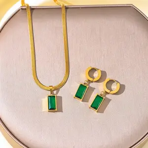 Gold and Green Rectangular Stone Jewelry Set - Necklace & Earrings