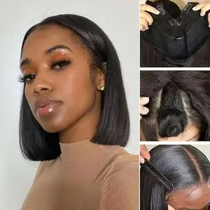 200% Density V Part Wig Human Hair Straight 10-14 Inch BoB V Part Wig For Women Clip In Half Wig Beginner Friendly No Lace No Glue No Sew