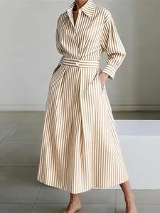 Women's Commuter Casual Wear Lapel Long Sleeve Striped A-Line Dress with Pockets, Loose-Fitting Midi Dress for All Seasons