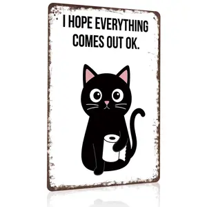 8x12 Inch Aluminum Metal Sign - Cute Black Cat With Toilet Paper Funny Bathroom Decor |   Ideal for Home, Cat Lovers' Space, Guest Restroom, and Dorm |   Whimsical Tin Plaque, Easy to Mount, Adorable Cat Humor Wall Art
