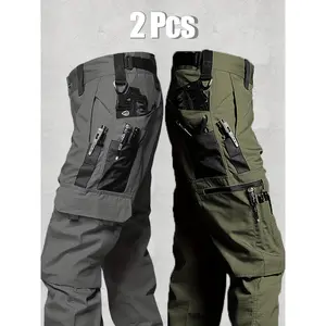 2pcs Men's Tactical Pants, 100% Polyester Solid Color Casual Outdoor Hiking & Fishing Pants with Multiple Pockets, Non-Stretch Woven Fabric, Regular Fit for All Seasons, Versatile Overalls |     Multipocket Pants |     Waterproof Pants, Camping Gear