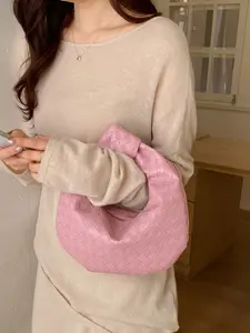 1pc Pink woven pattern cow horn bag for women, can sing handbag, soft leather armpit bag, daily commuting shopping shoulder bag, niche high-end pleated woven bag