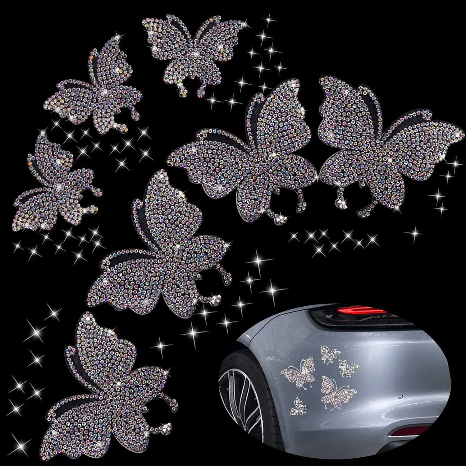 7PCS Butterfly Crystal Car Stickers, Bling Rhinestone Crystal Rhinestone Car Sticker Decal, Self-Adhesive Silver Glitter Rhinestones Decals, for Cars Bumper Window Laptops Luggage