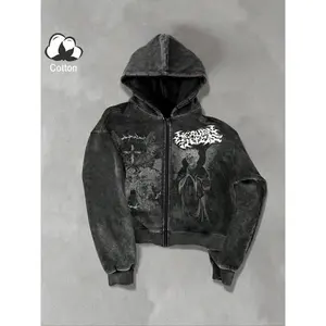 TikTok Trending! Cotton Zip - Up Hoodie with Gothic Text, Angel, Cross, and Eye Graphics, Featuring a Distressed, Edgy Design, Perfect for Achieving a Stylish Streetwear Look