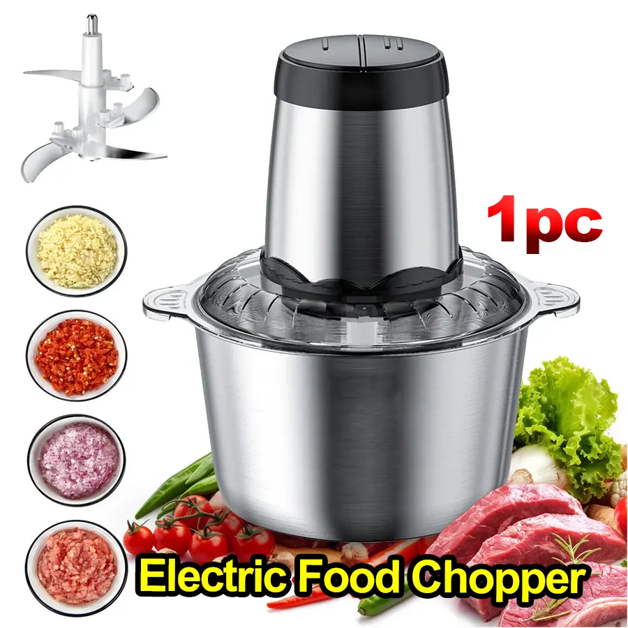 2L Electric Food Processor - 300W Power, 4 Sharp Blades, 2 Speeds, BPA-Free 304 Stainless Steel Round Bowl, Easy-Clean Kitchen Utensil for Family Meals, Vegetables