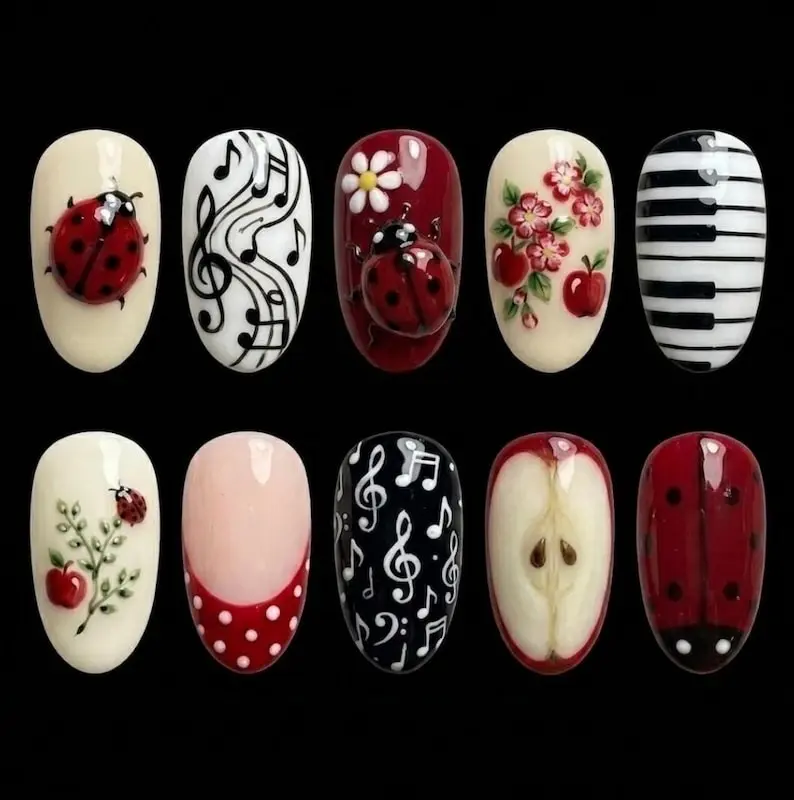 Cottagecore Ladybug Press On Nails Luxury 3D Red Apple Slice And Piano Music Art