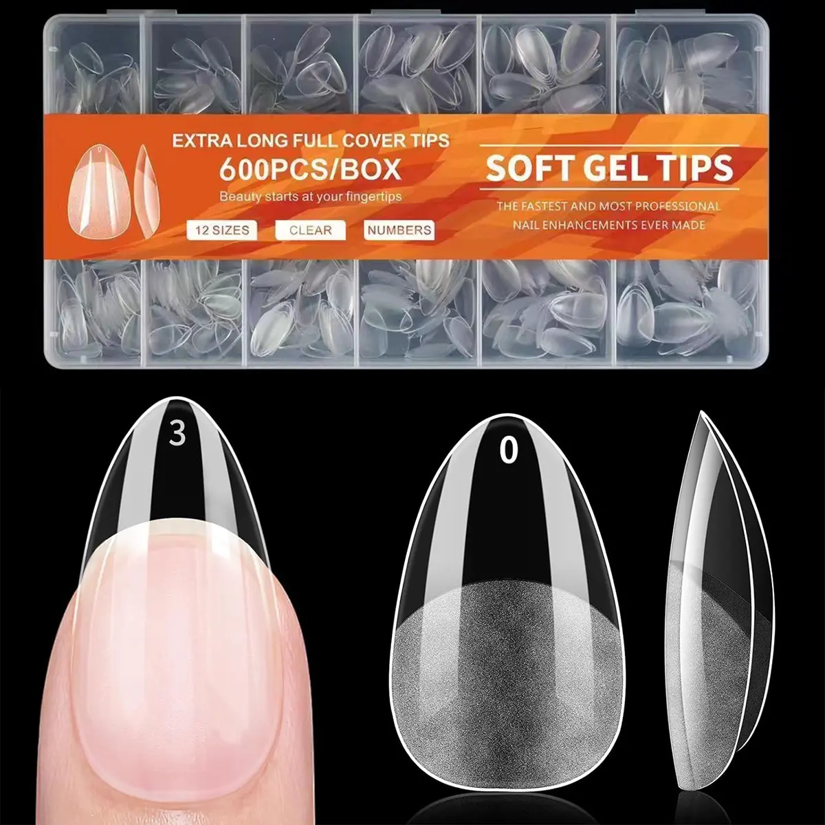 600 PCS Soft Gel Full Cover Nail Tips 12 Sizes, Pre-Etched Prebuilt Fake Acrylic Nails Fit Flat & C-Curve Nail Beds, Soak Off DIY Salon TikTok Manicure Nail Extensions Nail Care