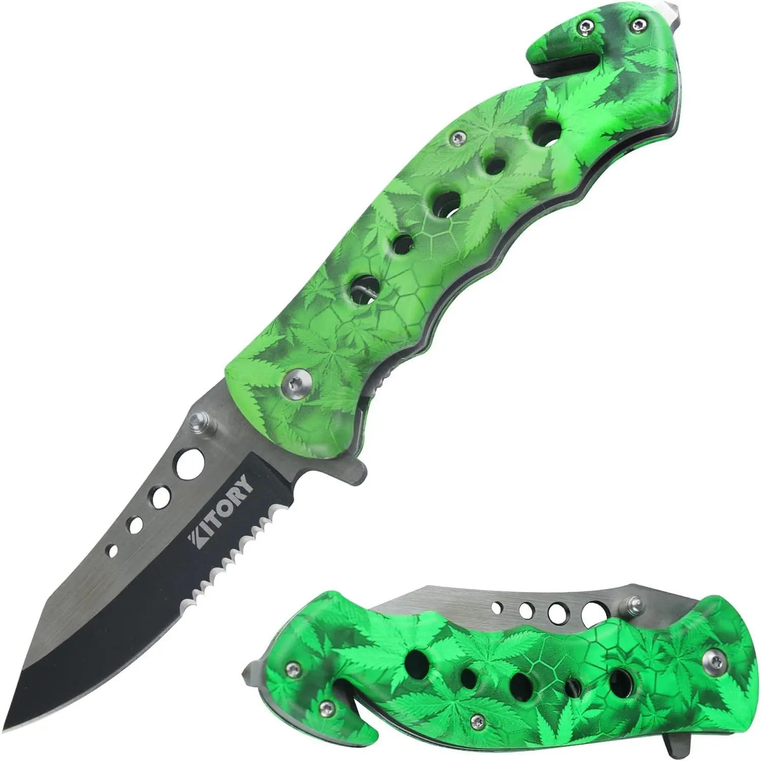 -purpose knife 3.3", Folding Knife with half-serrated blade and Breaker and Seatbelt, Green Handle, Liner-folder EDC, 2025 Tool