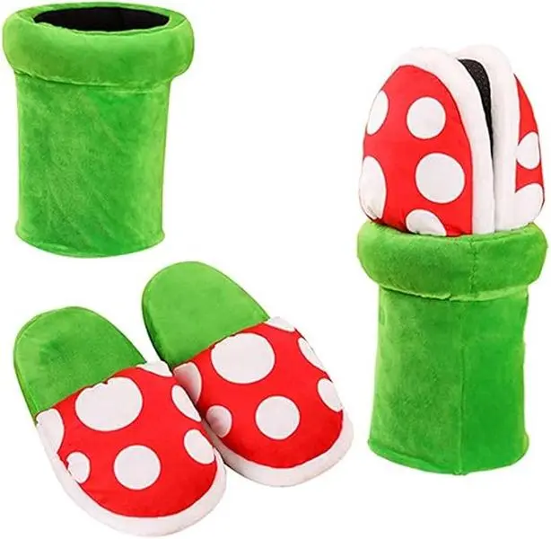 Piranha Plants Plush Slippers Suit Winter Home Wear Cannibal Flower Slippers with Green Warp Pipe Plush for Women Men