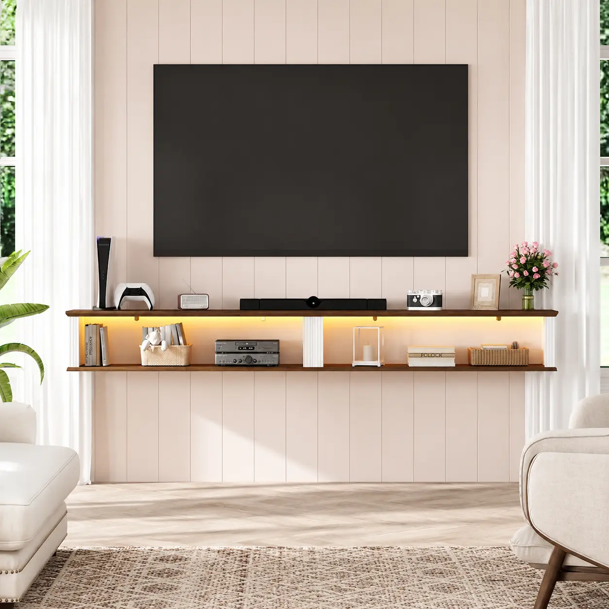 Floating TV Stand for 80 Inch TV, 70" Wall Mounted TV Shelf with LED Light, Power Outlet, Modern Wood Media Console, Space Saving Farmhouse Entertainment Center for Living Room Bedroom, Walnut + Antique White Stand with Electric Fireplace