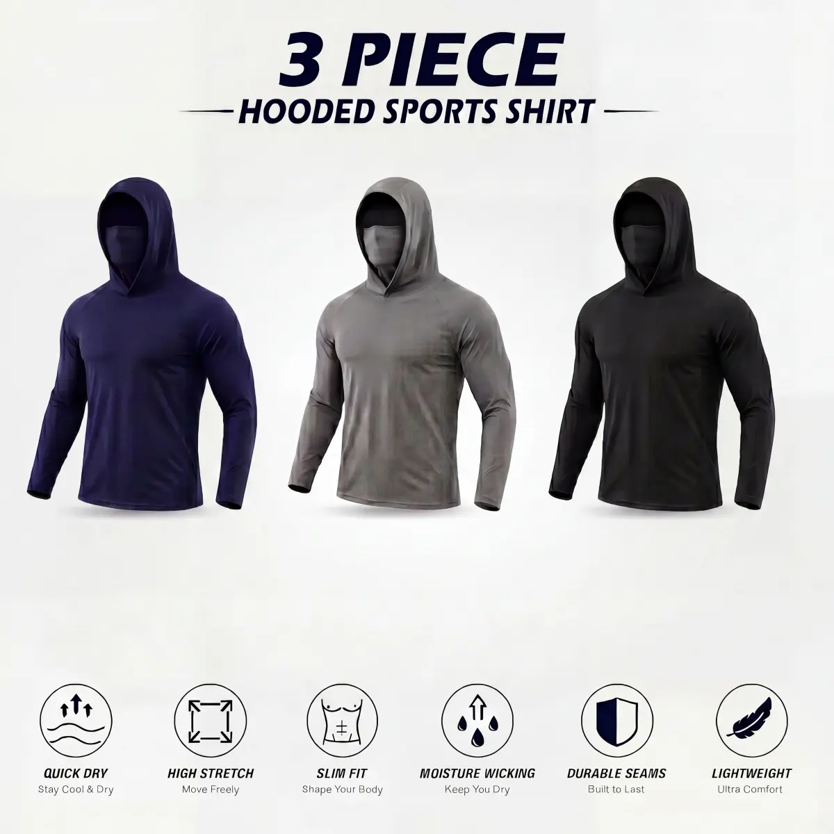 Men's 3-Pack Dry Fit Hoodies, Long Sleeve UPF 50+ Sun Protection Activewear Sweatshirts with Face Mask, Lightweight Quick Dry for Hiking, Athletic Fashion Activewear, Daily Wear Sportswear