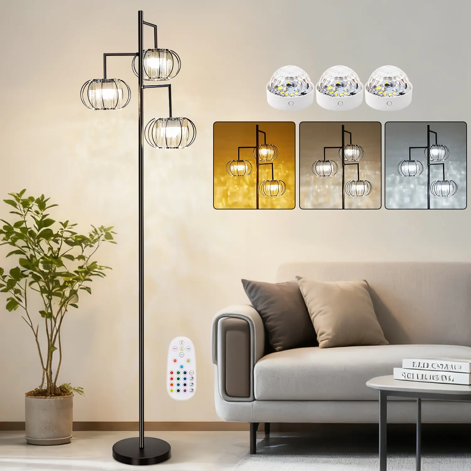 Crystal Iron Aesthetic Floor Lamp - 3-Light, 5W Output, Auto Off, Contemporary Sparkling Crystal Effect Indoor Lighting for Bedroom, Living Room Home Improvement Decor, Lights, Indoor Use