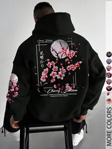 Men's Street Style Plum Tree Print Hoodie, Casual Fitted Pullover Sweatshirt, Fall & Winter Fashion, Unisex Design, Perfect Gift for Men