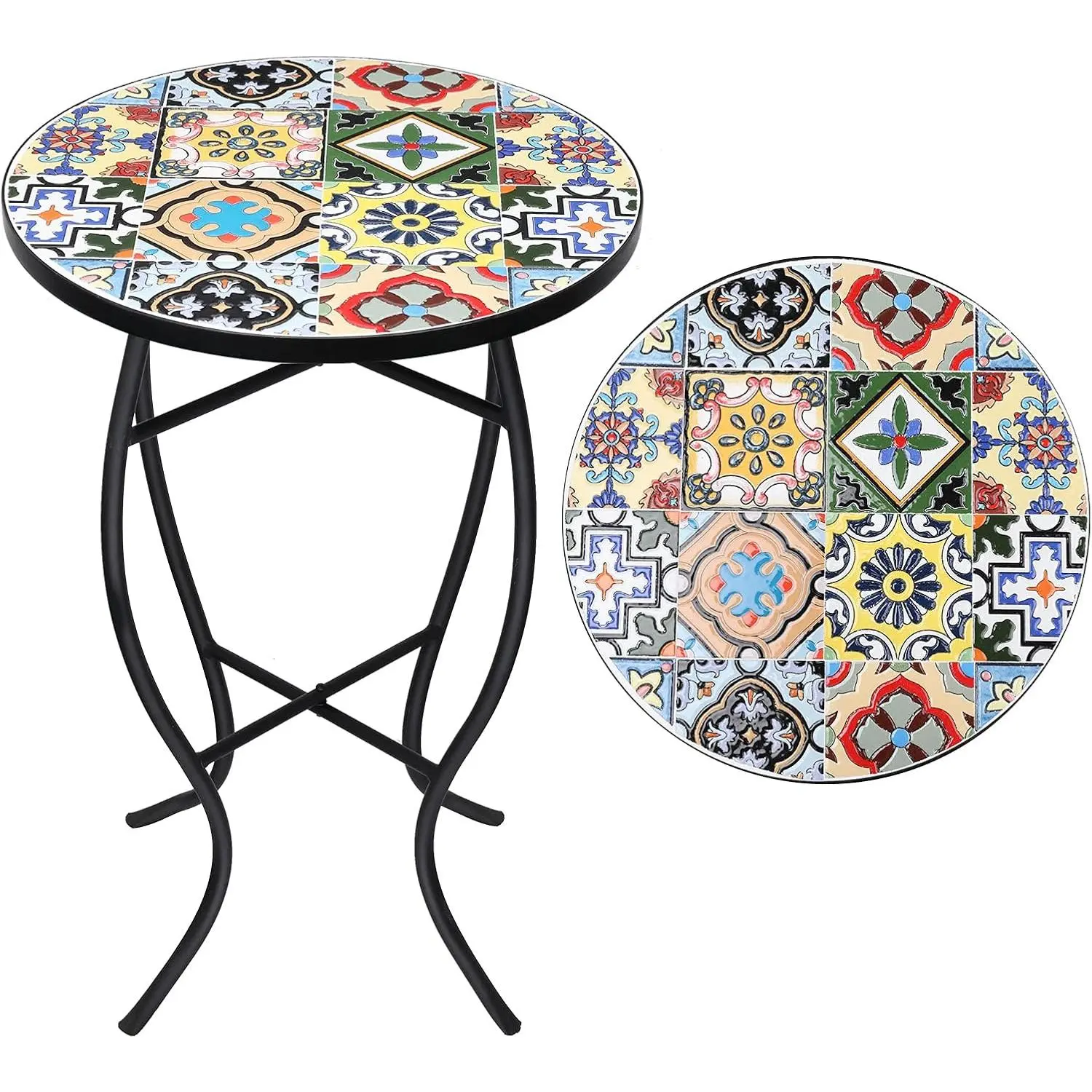 Outdoor Mosaic Side Table - Small Patio Table Coffee Table Outside Accent Table Round End  Table for Bistro Balcony Porch Outdoor Benches 14''