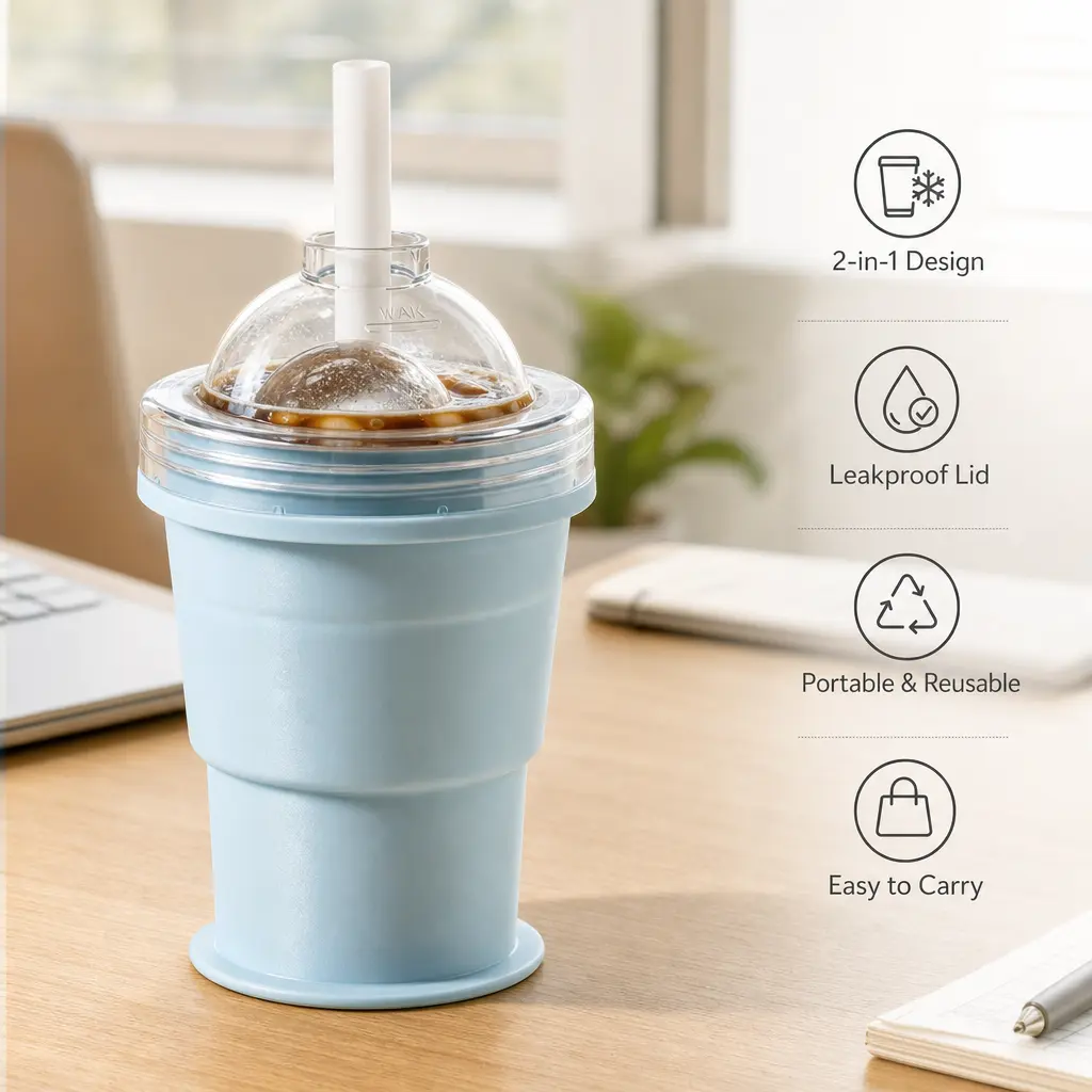 Silicone Gel Collapsible Water Bottle - 2-in-1 Foldable Design Drinking Cup & Ice Ball Maker, Portable, Reusable, Washable, With Straw, Unisex Adults, Suitable for Outdoor & Daily Use, Water Bottles