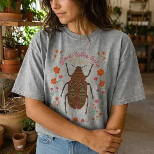Boho Floral Beetle Graphic Tee Good Vibes Only Retro Nature Shirt Women