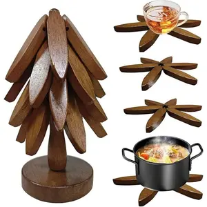 Wooden Tree Trivet Set 4 Pieces Christmas Tree Shape Non-Slip Coasters for Hot Dishes Kitchen Potholders Teapots Halloween Christmas New Year Decorative Space Saving