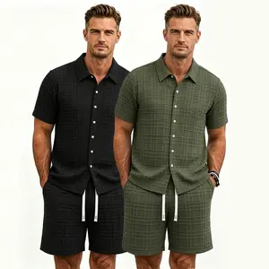 Men's 2-Piece Casual Textured Knit Shortsleeve Button-Down Shirt & Shorts Set - Summer Menswear Outfit Clothes