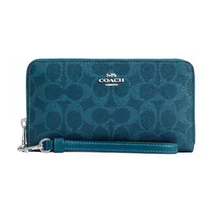 COACH Zip Around 19 Logo Coated Canvas Wallet For Women In Seagreen