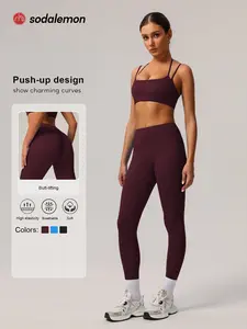 Sodalemon 2-Piece Set Women's Faux Two-piece Racerback Sports Bra & High-waisted Tummy-control Yoga Peachy Hips Leggings