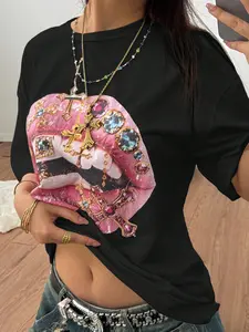 Trendy Y2K Gem Lips Graphic T-Shirt | Edgy Rhinestone Cross Print | Cropped Oversized Fit | Streetwear Aesthetic | 2000s Fashion | Casual Clubwear | Breathable Lightweight Fabric | Short Sleeve Tee for Women | Viral TikTok Outfit