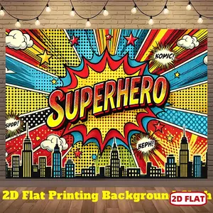 1PC,2D Flat Banner Superhero Theme Comic Style Backdrop, Kids Birthday Party Decor Banner, City Building Explosion Cloud Pop Art Photography Background, Festival Event Decoration Hanging Cloth, Photo Backdrops
