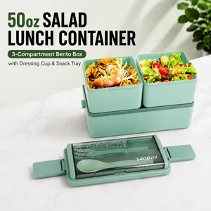 MIUVA 50oz Salad Lunch Container, 3-Compartment Bento Lunch Box with Dressing Cup & Snack Tray, Portable Meal Prep Food Storage Box for Work, Travel & Picnic