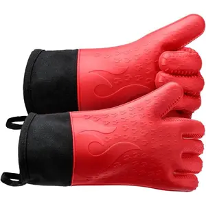 Grilling Gloves, Heat Resistant Oven Mitts, BBQ Gloves,  Non-Slip for Barbecue, Cooking, Baking, Fryer, Red