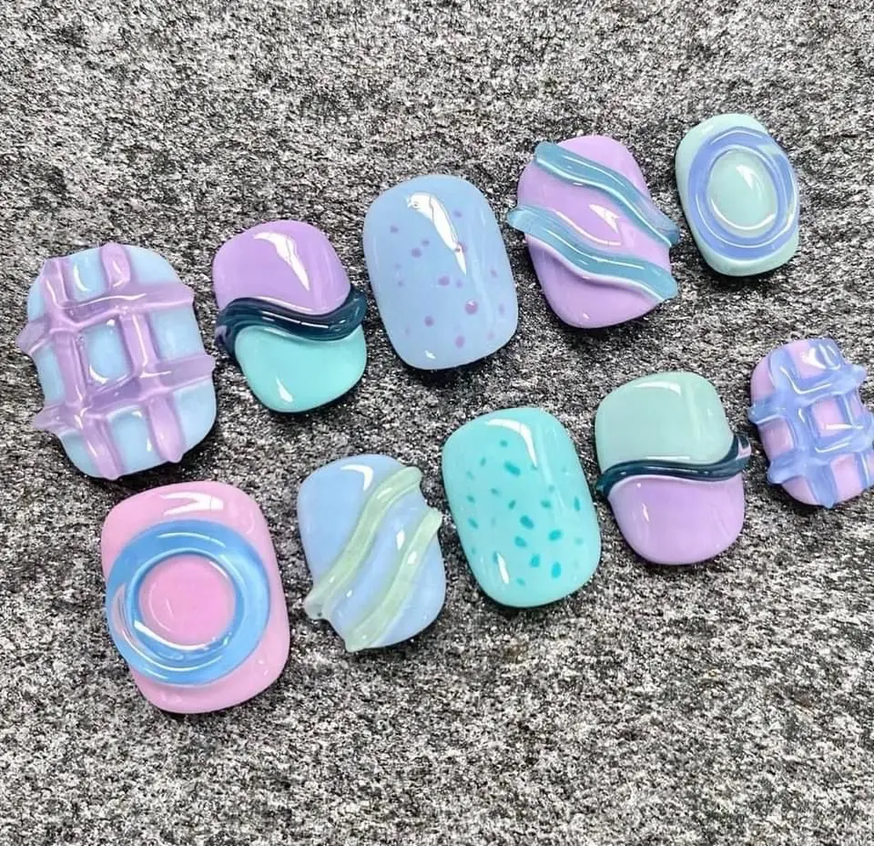 TamLilac Blue 3D Press On Nails | Pastel Marble Textured Gel Kawaii Nail Art Set| FREE Adhesive Tabs  Nail File Cuticle Stick