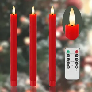 Red Flameless Taper Candles 9.6" Christmas LED Candles Real Wax with Remote Timer,  Operated LED Candles Set with 3D Flickering Flame, Classic Flickering Candlesticks for , Party, 3 Pack