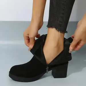 Stylish Chunky Heel Short Boots for Women - Comfortable Round Toe, Side Zipper, Casual Winter Ankle Boots with Soft Insoles and Anti-Slip Soles for Daily Wear  Girl Walking Shoes Footwear Rubber Onyx