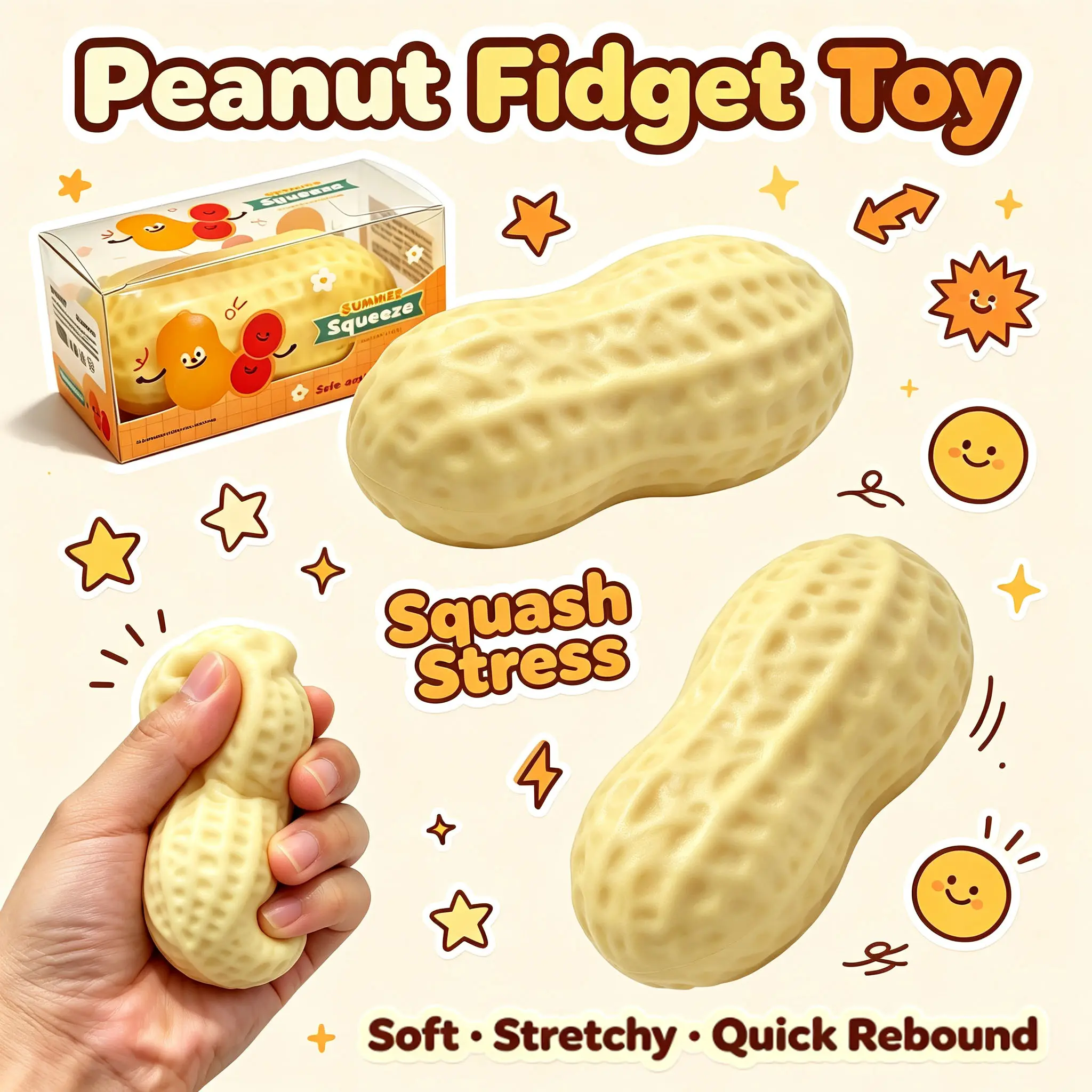 Peanut squishy toy with crunchy squeezing sound, fun sensory soothing toy, portable stress relief gadget. Great for holiday parties and daily leisure gifting, an ideal present for birthdays, Halloween, Thanksgiving, Christmas and all other festivals.