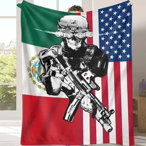 Skull Tactical Soldier Flannel Blanket - USA & Mexico Flag Military Print, UltraSoft Lightweight Plush Warmth, for Veterans, Outdoor Camping, Living Room Couch Throw & Home Bedding Accessory