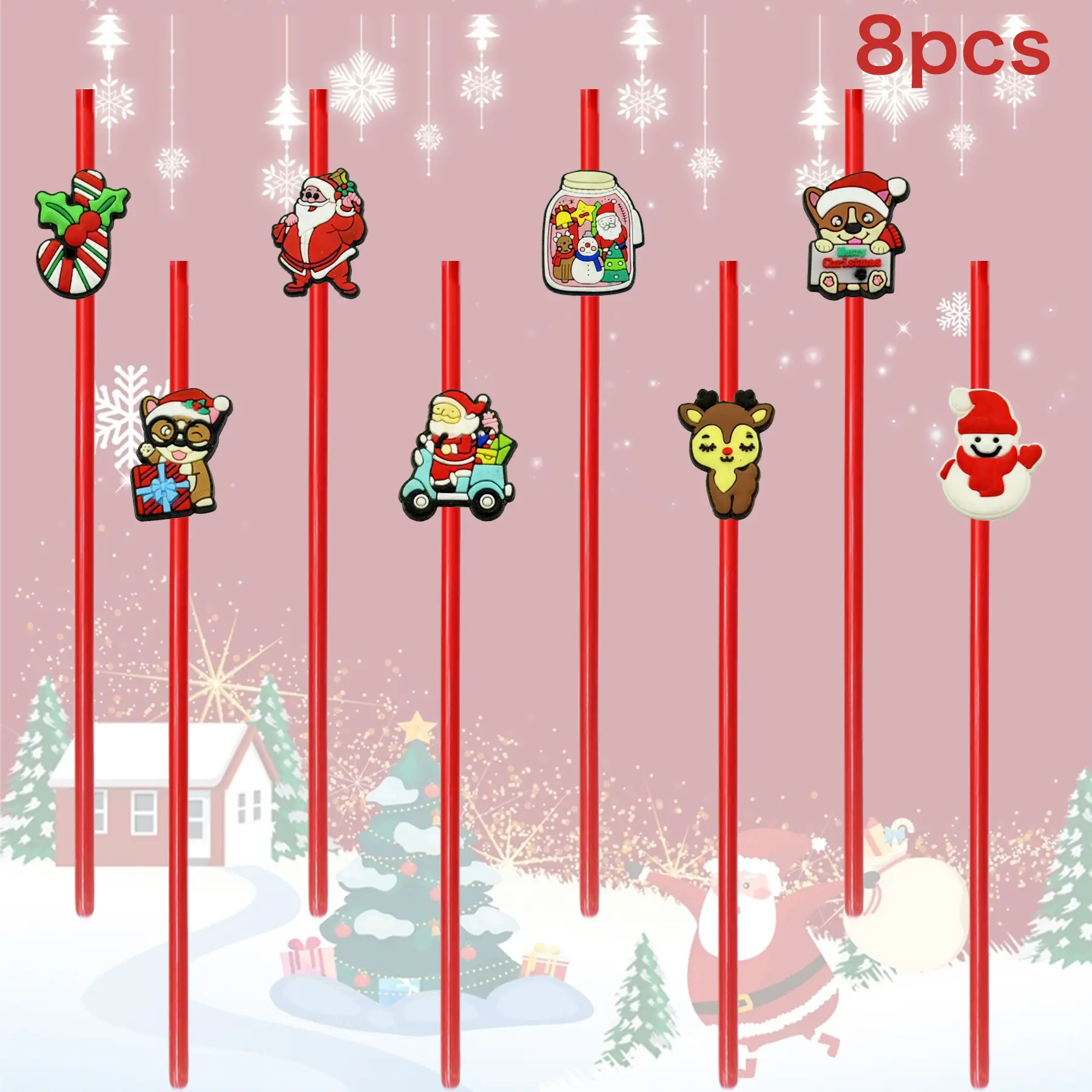 8-Pack Christmas-Themed Party Straight Straw Gift Set Christmas Party Straws Reusable Plastic Drink Decorations for Holiday Celebrations - Elegant beverage accessories, essential for festivities Durable tableware
