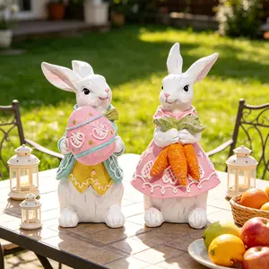 Farmhouse 2-Piece Resin Easter Bunny Couple Figurines - Glitter Ornaments, Tiered Tray Accent, Spring Home Decor, Room Accessories Gift cute desktop collectible figure office display trendy single