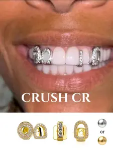 CRUSH CR Y2K Sparkly Hollow Grillz for Men & Women, Gold/Silver Plated 3-Piece Teeth Caps with CZ-Encrusted Heart & Star, Aesthetic Dental Jewelry, Great for Alt Outfits, Festivals, Raves and Edgy Looks