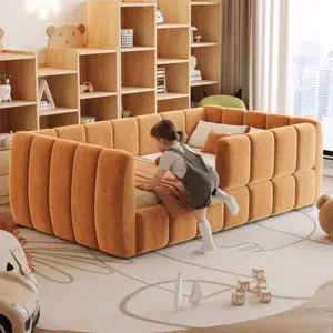 Toddler Bed Upholstered Kids Floor Daybed with Removable Guardrails,Compatible with standard US toddler mattresses , Safety Toddler Bed with High Headboard & Footboard, Orange