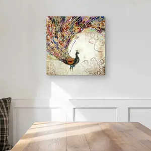 Begin Home Decor C1MP1616UY8YAB 16 x 16 in. Peacock with Gold Feathers Wall Art - Best Sellers Metal Print Decor