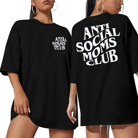 Men's Cotton Laid-Back Oversize Loose Tee - Anti Social Mom Club Graphic, Breathable, Soft, Round Neck, Short Sleeve, Basic All-Seasons Chic Casual Menswear Tshirt