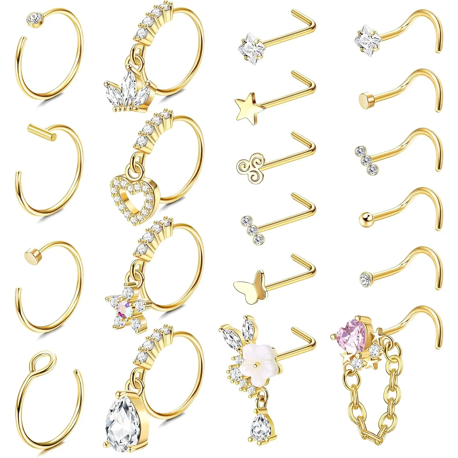 Besteel 20 PCS 20G Dangle Nose Rings for Women Butterfly Heart Moon Flower Cross CZ Dangle Nose Ring Hoops Cartilage Earring Dangling Nose Piercing Jewelry Charms