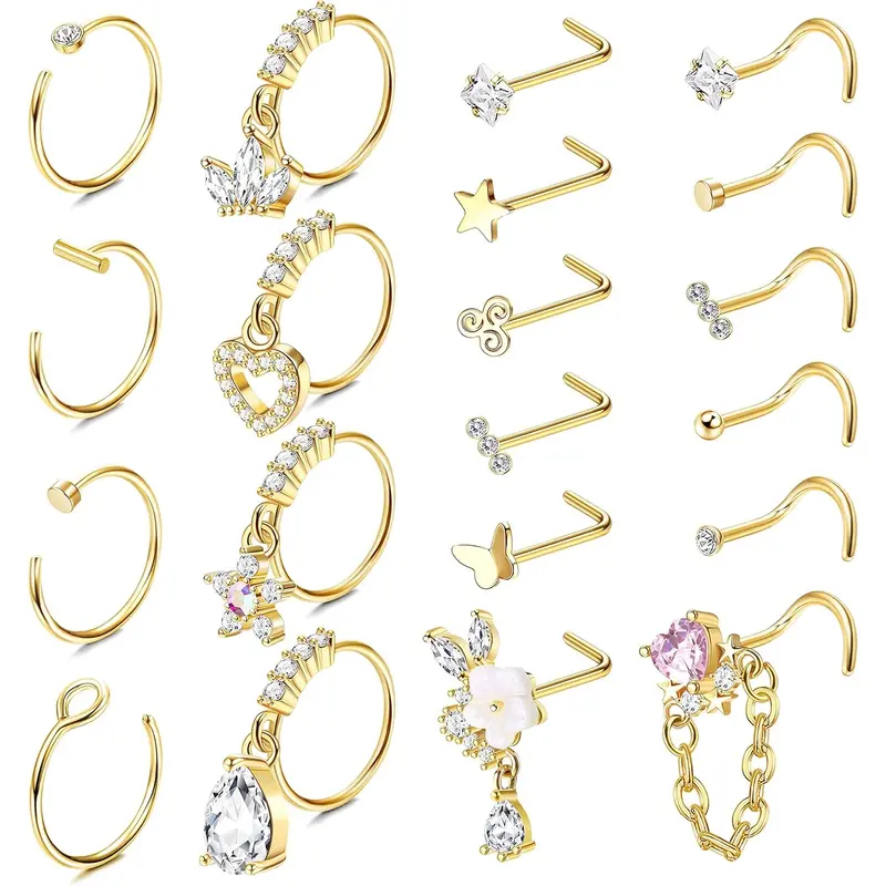 Besteel 20 PCS 20G Dangle Nose Rings for Women Butterfly Heart Moon Flower Cross CZ Dangle Nose Ring Hoops Cartilage Earring Dangling Nose Piercing Jewelry Charms