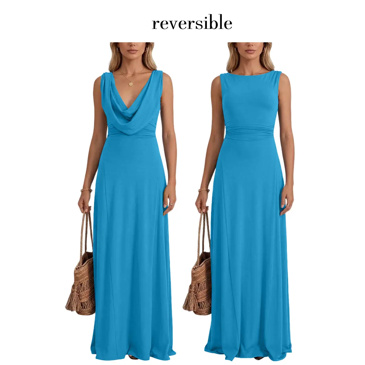 OYS Women's Summer Elegant 2 Ways Wear Dress Cowl Neck & Crew Neck Reversible Sleeveless Ruched Waist Flowy A-Line Cocktail Party Long Dresses