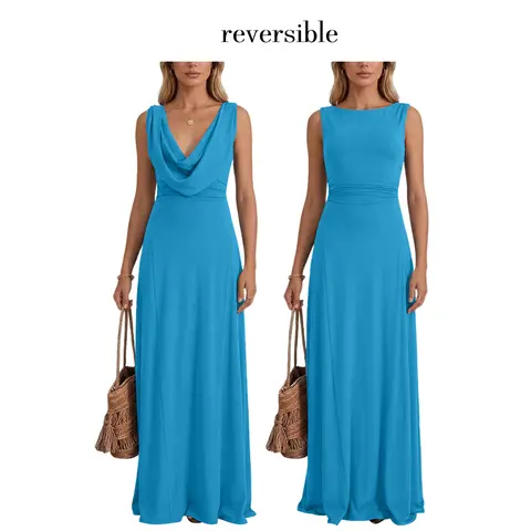 OYS Women's Summer Elegant 2 Ways Wear Dress Cowl Neck & Crew Neck Reversible Sleeveless Ruched Waist Flowy A-Line Cocktail Party Long Dresses