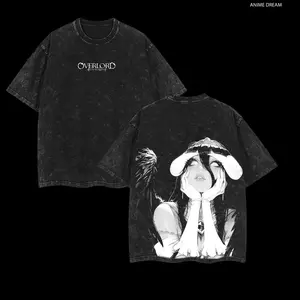 Albedo Overlord Anime Double Printed Vintage Washed Tee Unisex Oversize Anime Manga Washed Heavyweight Cotton T-shirt