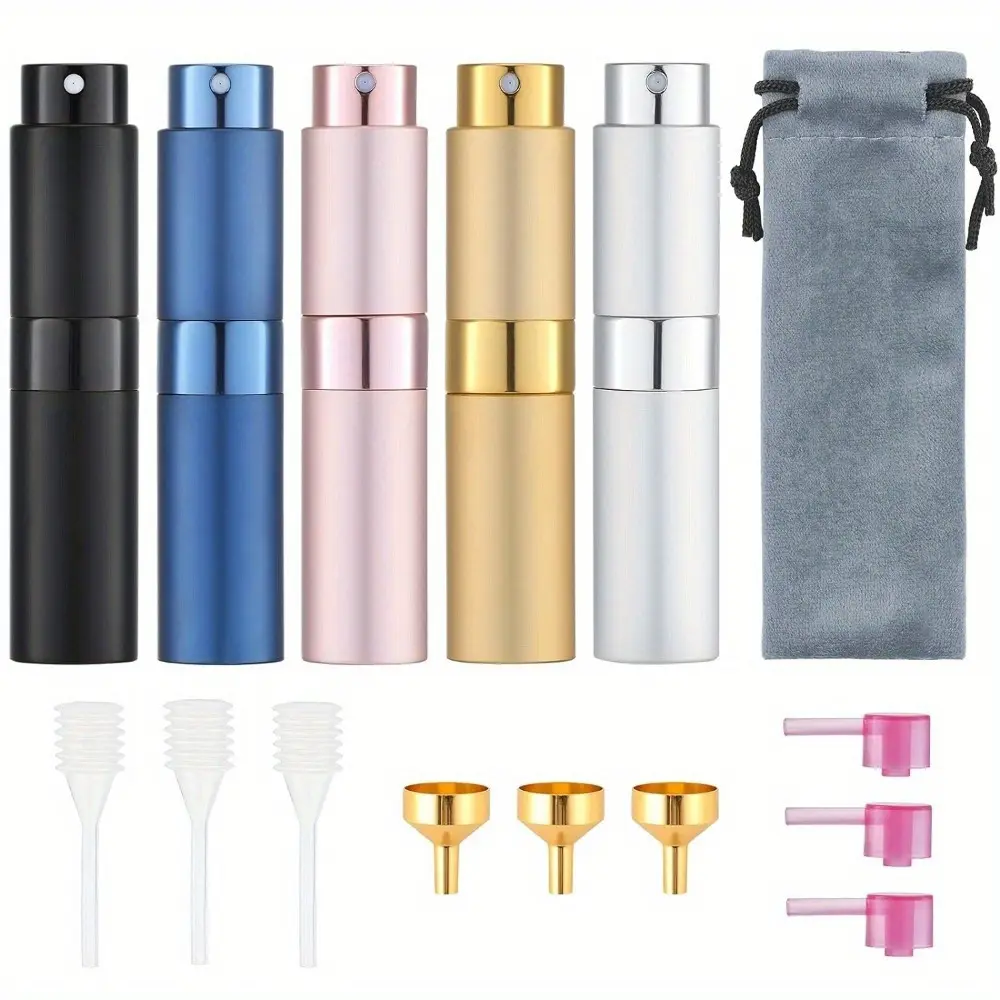 5-Piece Refillable Cosmetic Pocket Perfume Dispenser Set, Handy Portable Mini Atomizer Spray Bottles with Nozzle for Travel Transfer & Kitchen Storage