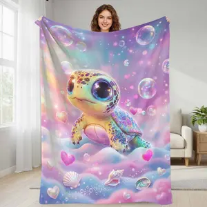Cute Sea Turtle Flannel Blanket  Dreamy Ocean Bubble and Heart Print  Soft Warm Cozy Lightweight Plush  Perfect for Bedroom Decor  Sofa Throw  Travel  Gift  Beach Picnic  Relaxing Moments summerwins