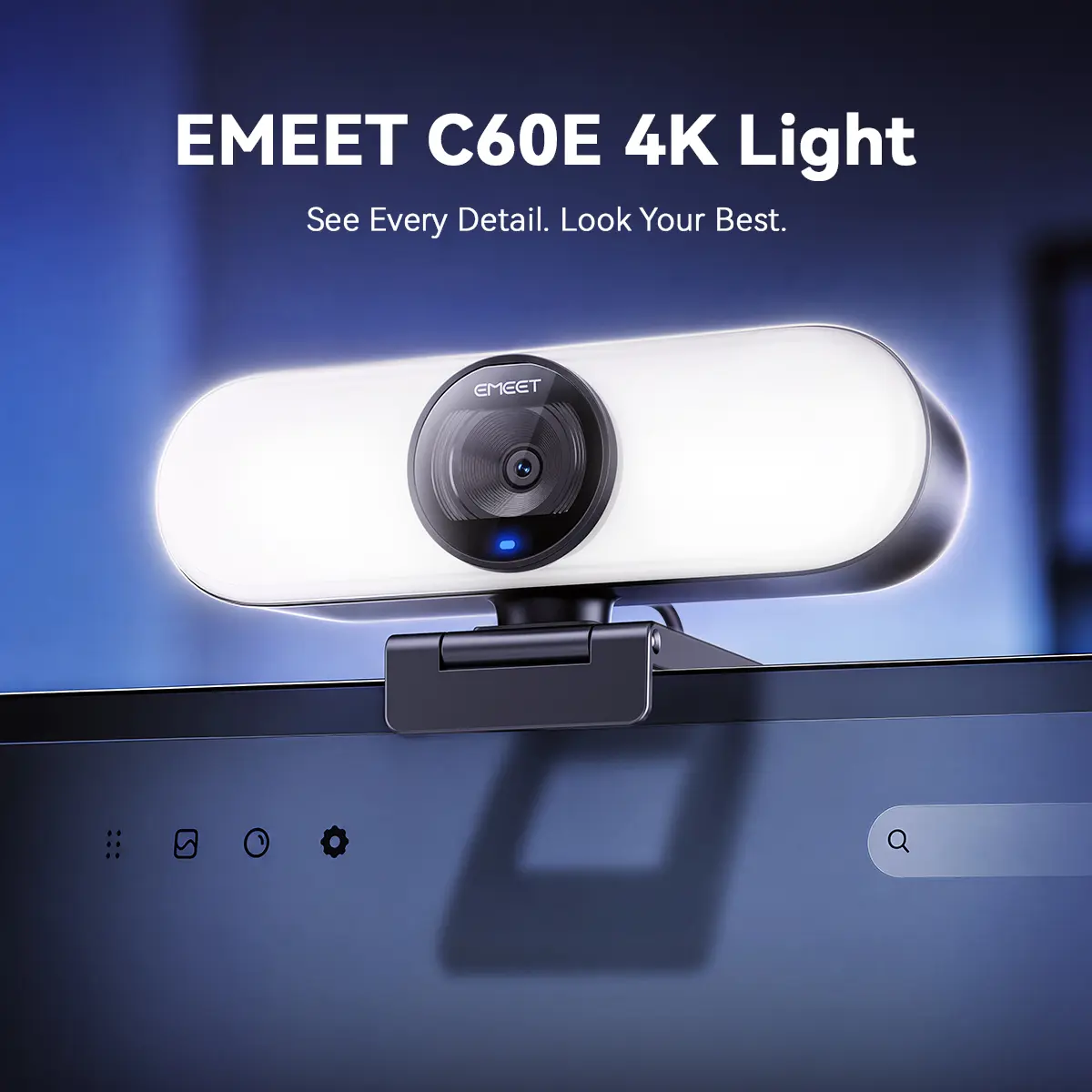 EMEET C60E Light 4K Webcam with Built-in Light, Autofocus USB Connection, EMEET Studio Beauty & Face Reshape, 1080P 60FPS, Dual Microphones for PC/Laptop Streaming & Video Meetings