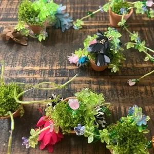 Set of 3 Beaded Plants with Colorful Flowers and Detailed Moss for Decorative Arrangements