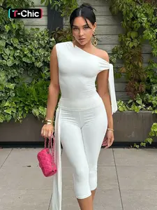 Women's Solid Asymmetrical Neck Knot Design Sleeveless Top & High Waist Capri Pants Two-piece Set, Elegant Fashion Basic Ruched Top & Skinny Capri Trousers for Daily Outdoor Wear, Ladies Clothes