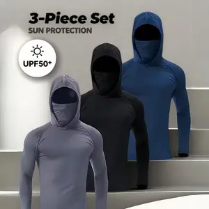 3-Pack Men's All-Season Hooded Gym Hoodies with Face Masks - High-Elasticity Compression Long Sleeve Workout Shirts, Quick-Dry Breathable Fabric, Tight-Fit Athletic Training & Casual Wear, Solid Color Sporty Style for Fitness